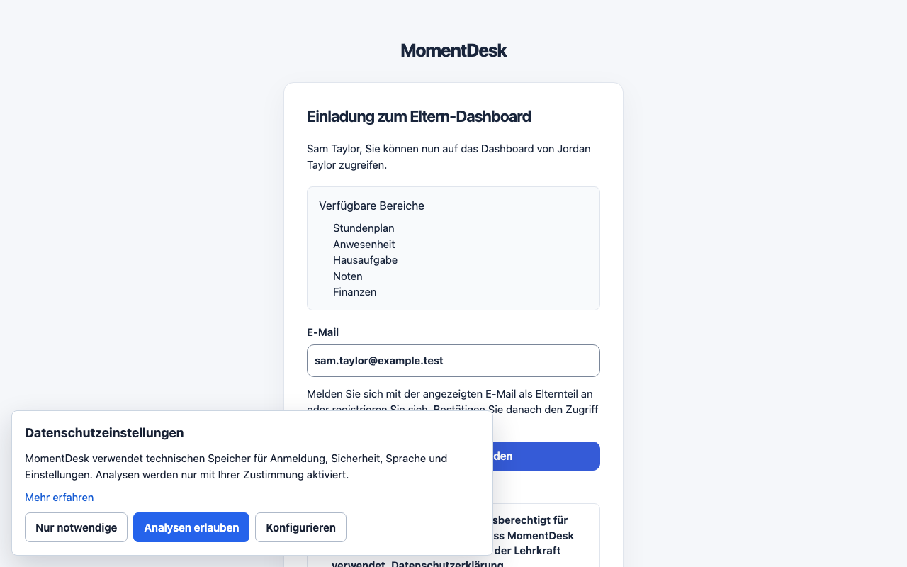 Einladung annehmen und Arbeitsbereich öffnen: MomentDesk-Oberfläche mit erfundenen Namen und Einträgen.