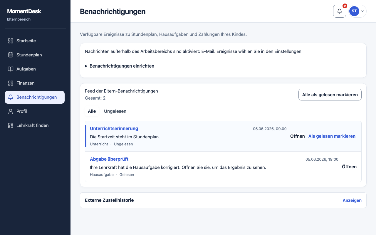 Elternbenachrichtigungen wählen: MomentDesk-Oberfläche mit erfundenen Namen und Einträgen.