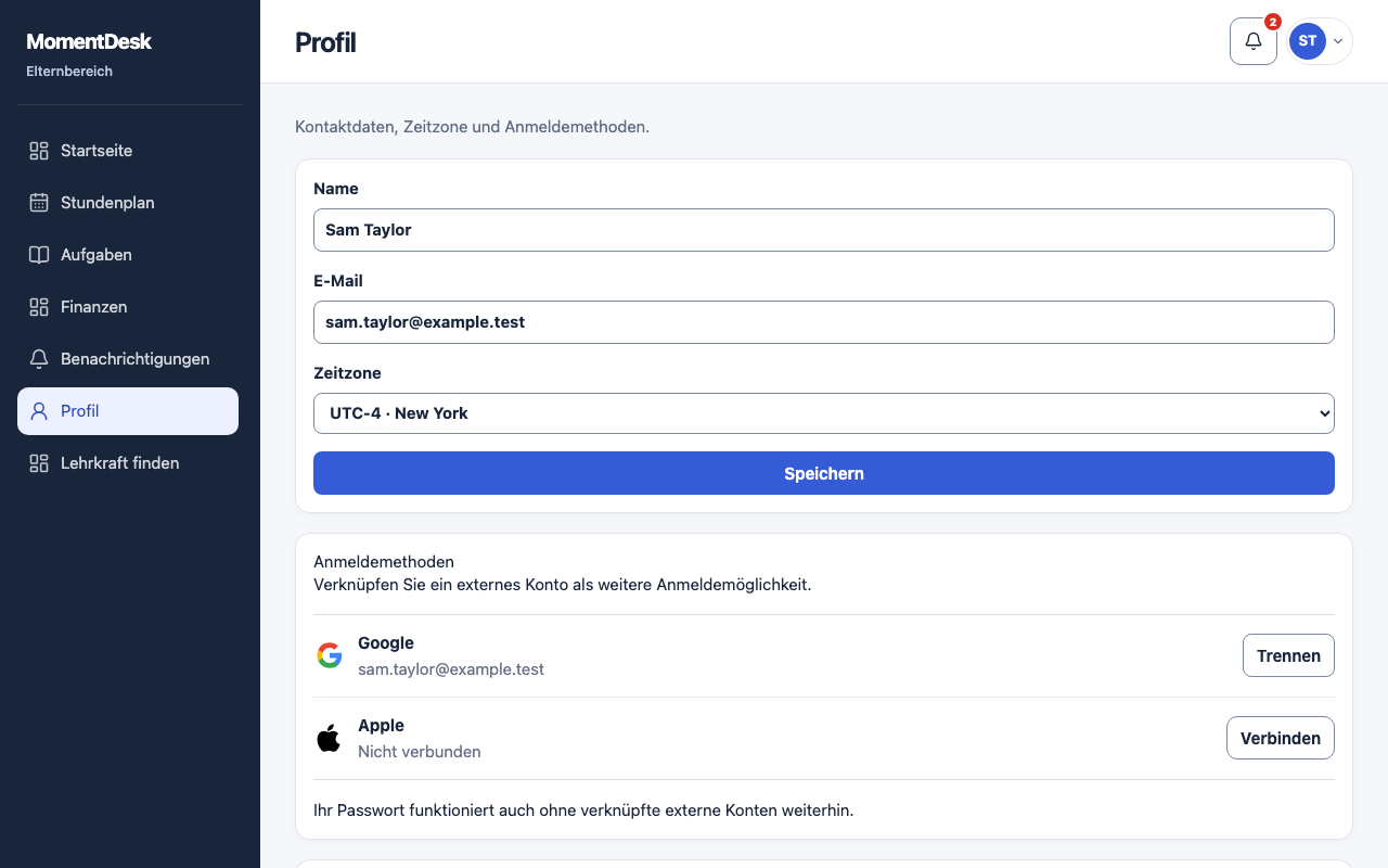 Profil und Anmeldung einrichten: MomentDesk-Oberfläche mit erfundenen Namen und Einträgen.