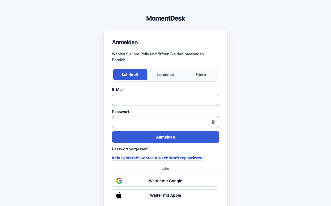 Anmelden und wieder auf Ihr Konto zugreifen: MomentDesk-Oberfläche mit erfundenen Namen und Einträgen.