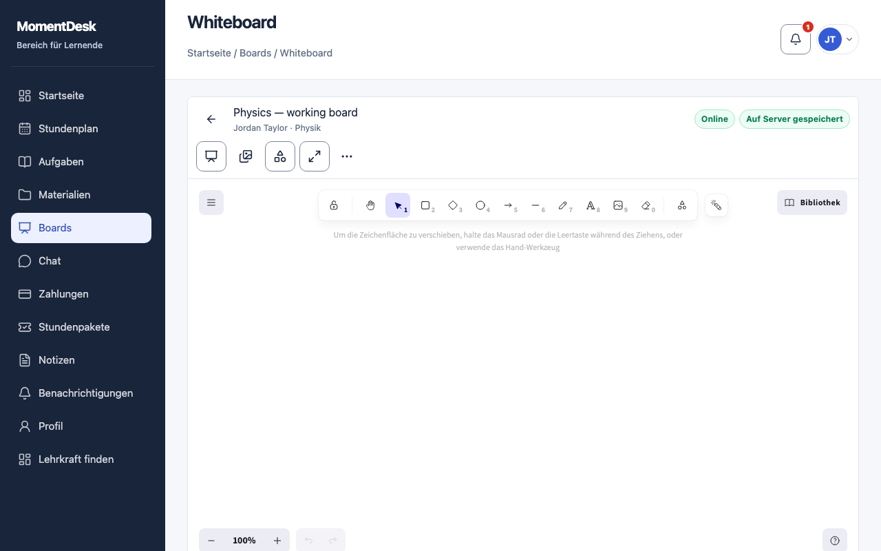 Board öffnen: MomentDesk-Oberfläche mit erfundenen Namen und Einträgen.