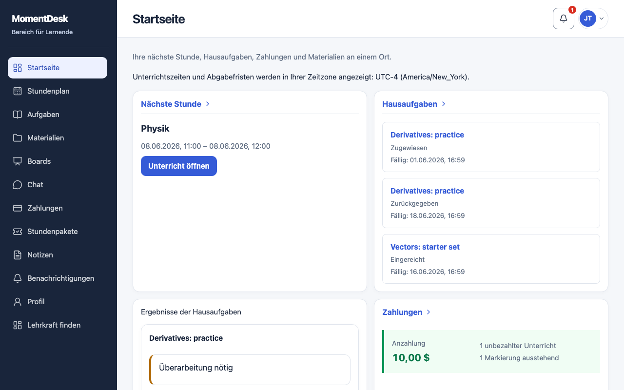 Startseite verwenden: MomentDesk-Oberfläche mit erfundenen Namen und Einträgen.
