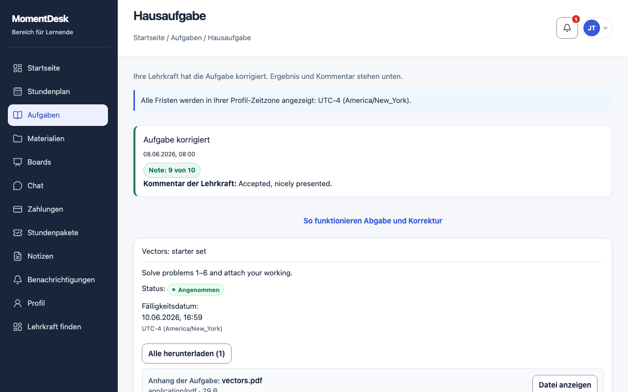 Geprüfte MomentDesk-Aufgabe in der Oberfläche: Ergebnisblock, Note und Rückmeldung der Lehrkraft.