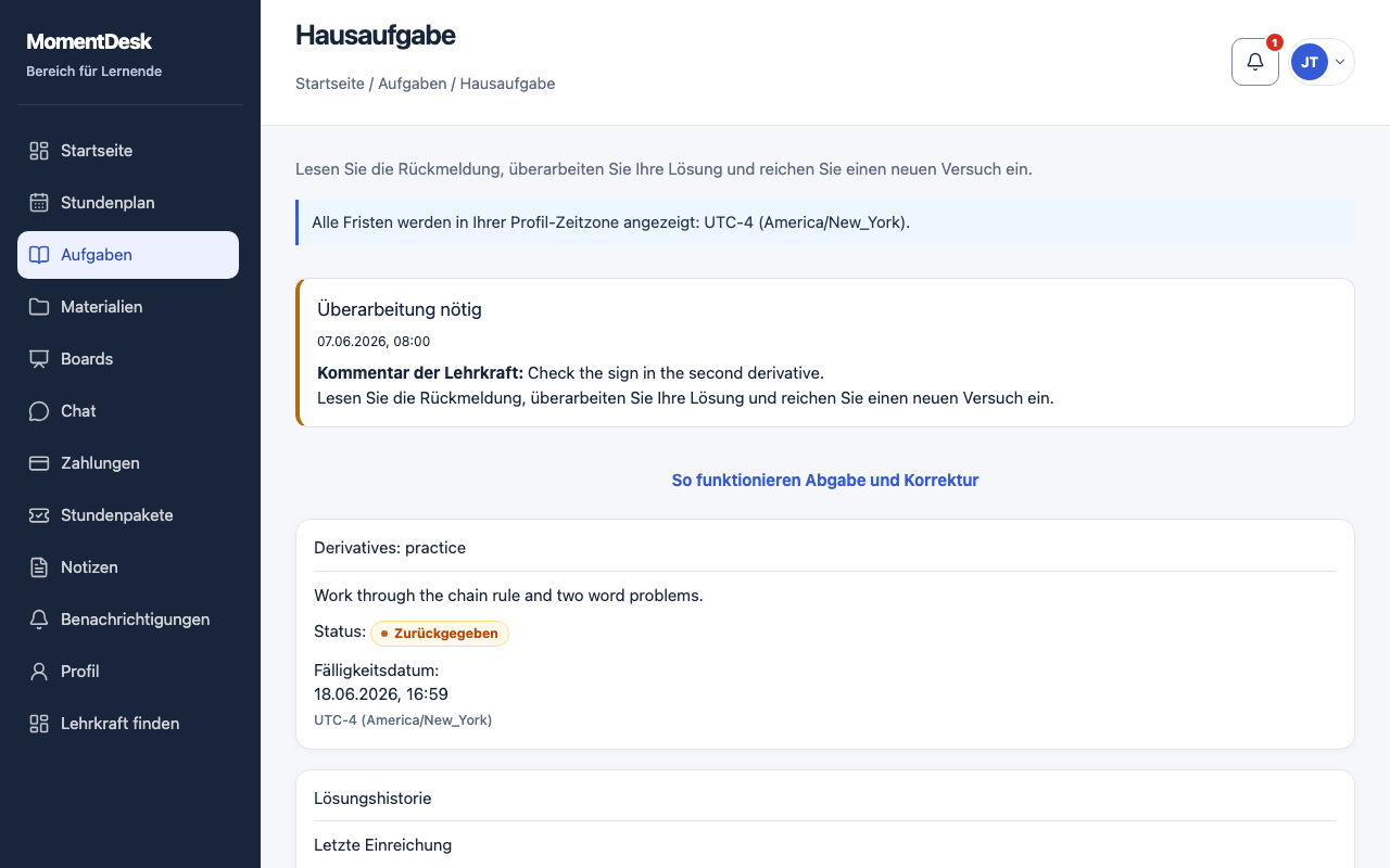 Zur Überarbeitung zurückgegebene MomentDesk-Aufgabe in der Oberfläche: Kommentar der Lehrkraft und Formular für einen neuen Versuch.