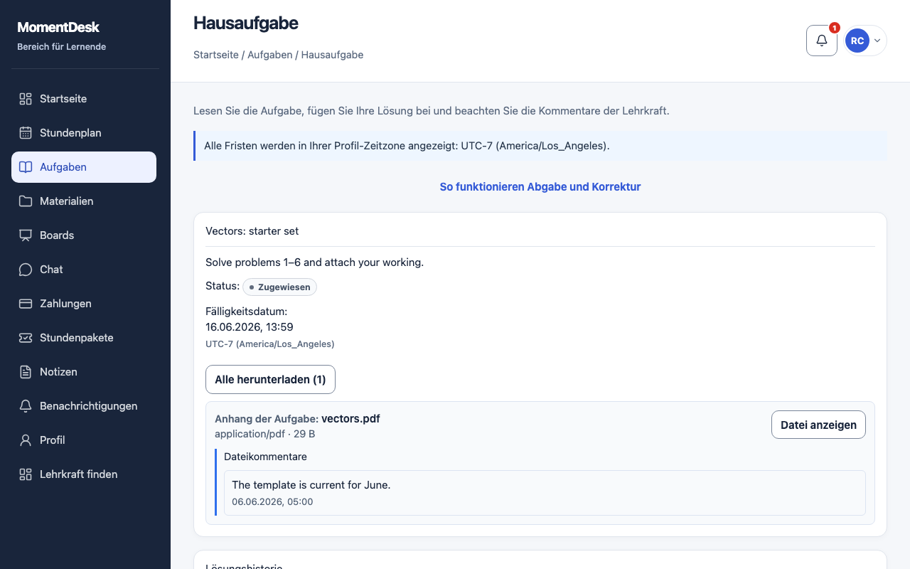 MomentDesk-Aufgabe vor der ersten Abgabe in der Oberfläche: Anleitung, Frist und Antwortformular mit Dateien.
