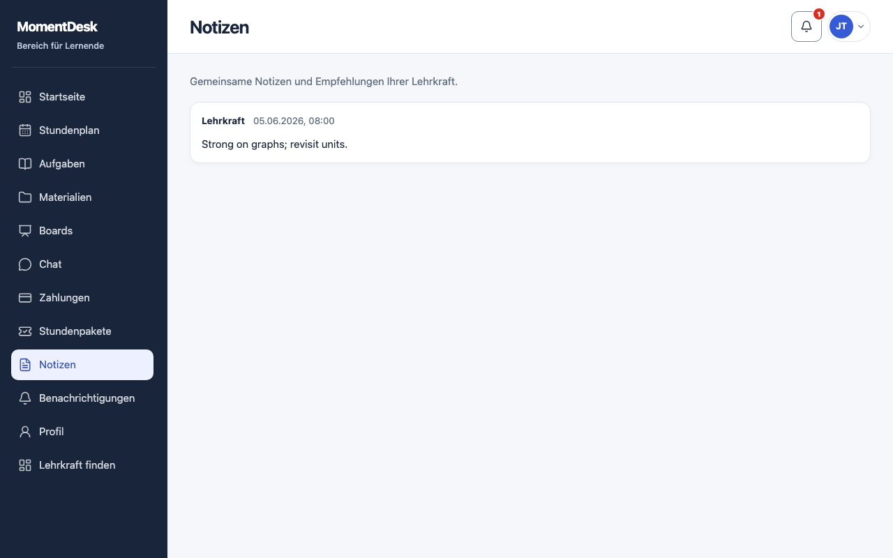 Notizen der Lehrkraft lesen: MomentDesk-Oberfläche mit erfundenen Namen und Einträgen.