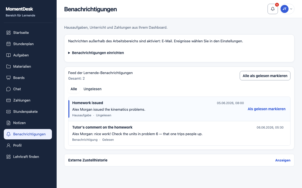 Benachrichtigungen lesen und einstellen: MomentDesk-Oberfläche mit erfundenen Namen und Einträgen.