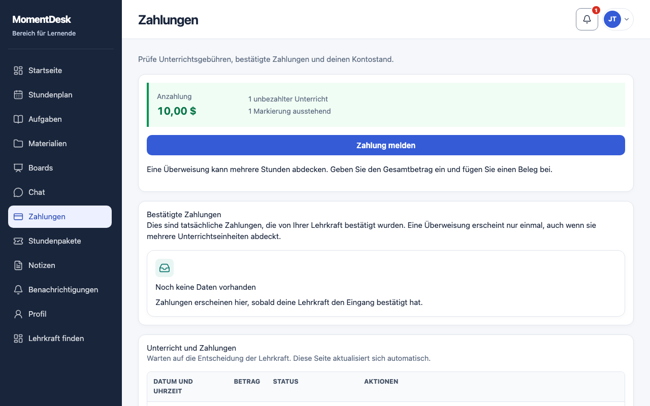Eine geleistete Zahlung melden: MomentDesk-Oberfläche mit erfundenen Namen und Einträgen.