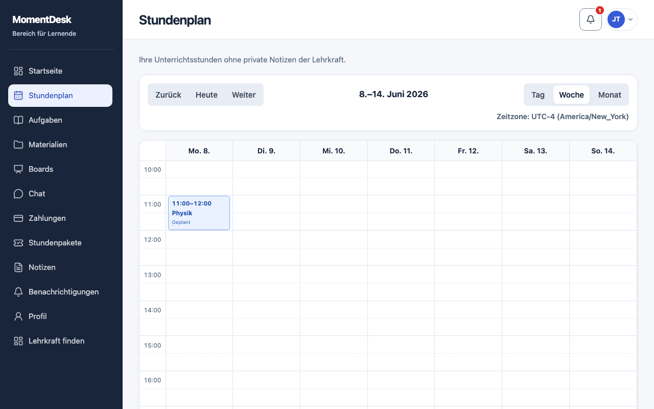 Verschiebung oder Absage anfragen: MomentDesk-Oberfläche mit erfundenen Namen und Einträgen.