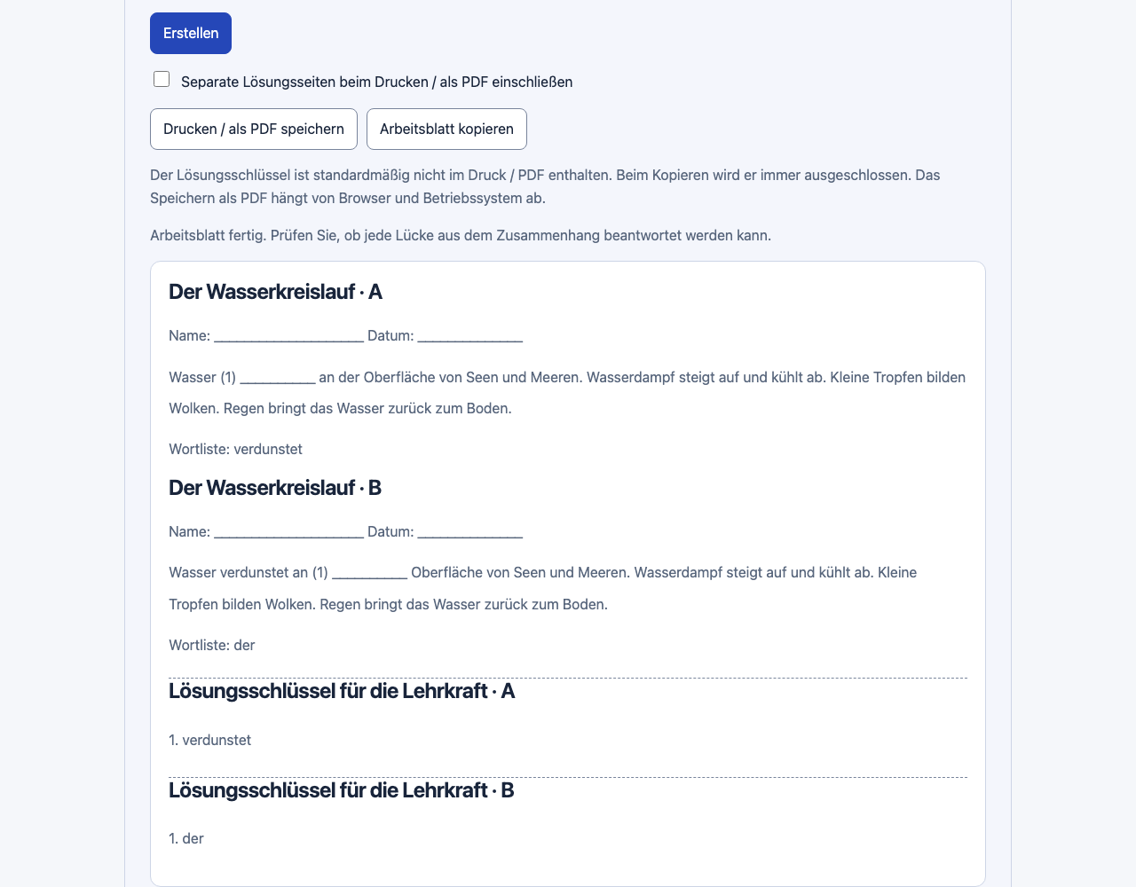 Kostenloser Lückentext-Editor — So verwenden Sie das Werkzeug: MomentDesk-Oberfläche mit erfundenen Namen und Einträgen.