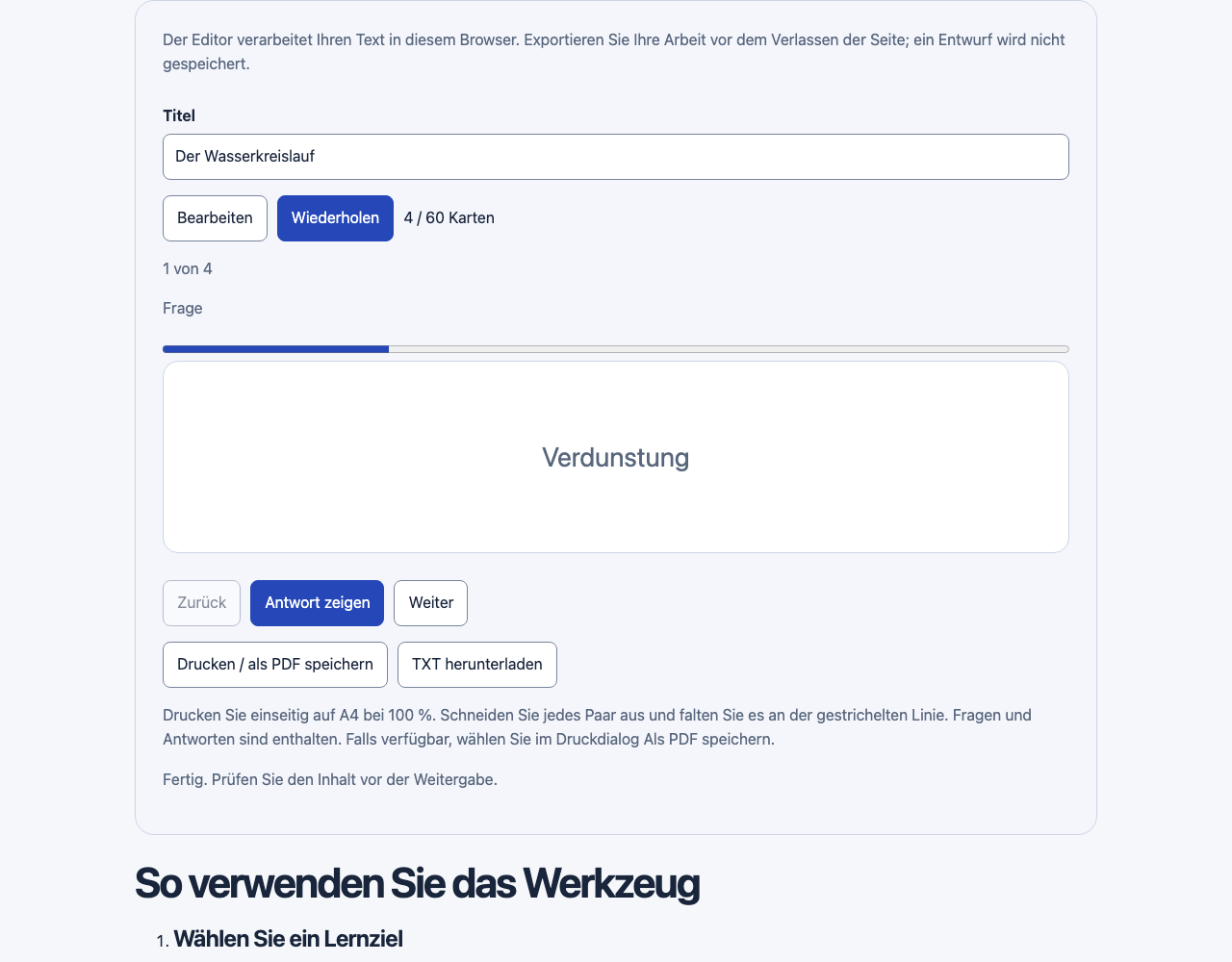 Kostenloser Lernkarten-Editor — So verwenden Sie das Werkzeug: MomentDesk-Oberfläche mit erfundenen Namen und Einträgen.