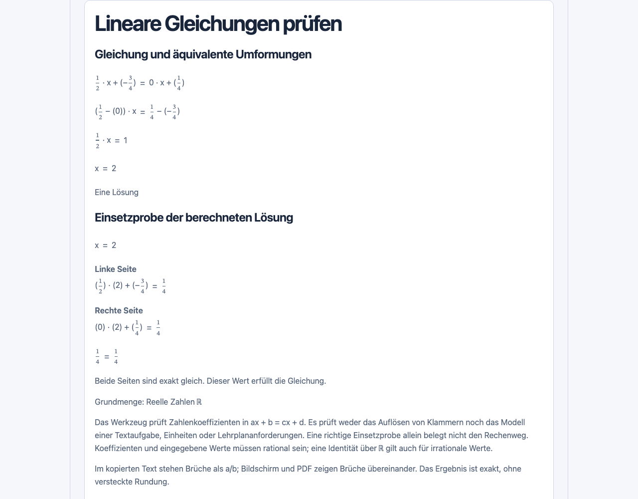 So prüfst du eine lineare Gleichung: MomentDesk-Oberfläche mit erfundenen Namen und Einträgen.