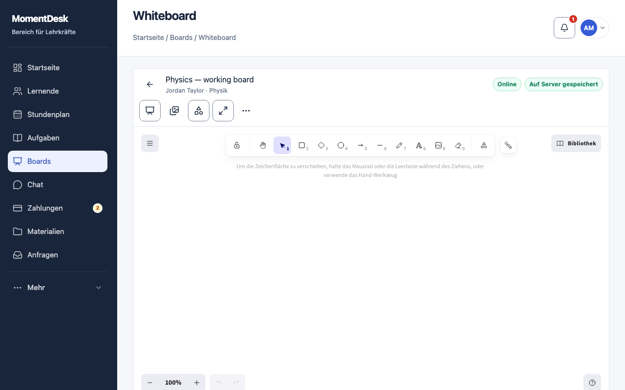 Gemeinsam auf einem Board arbeiten: MomentDesk-Oberfläche mit erfundenen Namen und Einträgen.