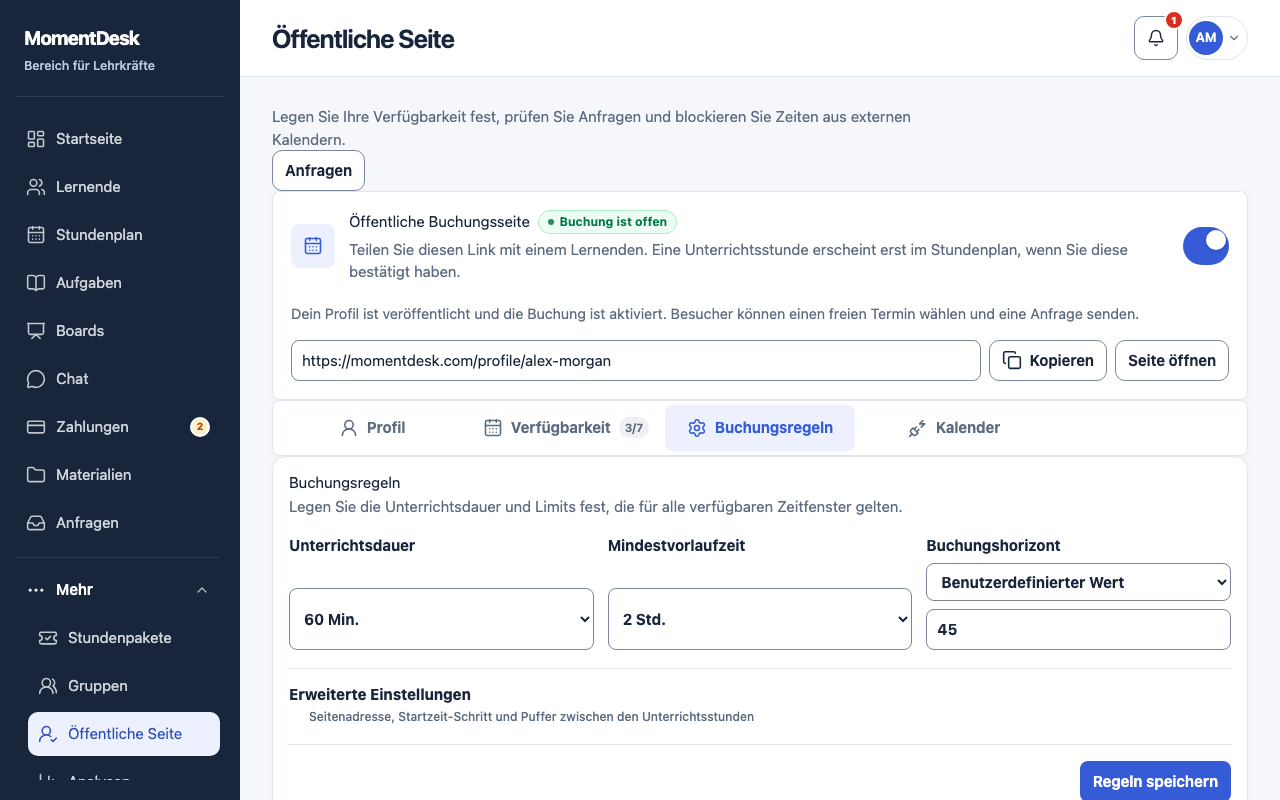 Regeln festlegen: MomentDesk-Oberfläche mit erfundenen Namen und Einträgen.
