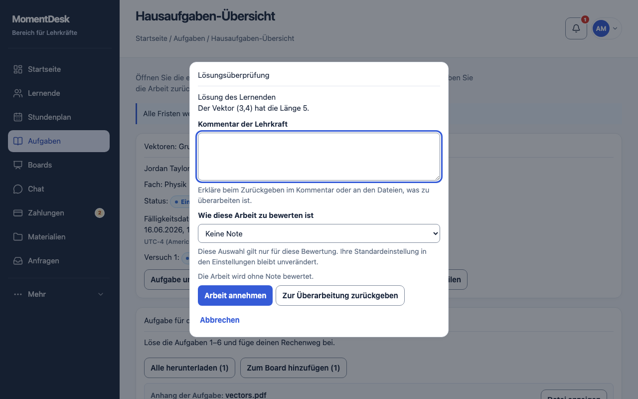 Das MomentDesk-Fenster zur Hausaufgabenkorrektur mit der Antwort, Bewertungsoptionen, einem Kommentarfeld und Schaltflächen zum Annehmen oder Zurückgeben der Arbeit.