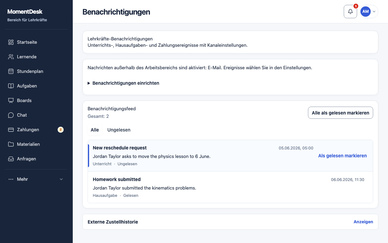 Benachrichtigungszentrum verwenden: MomentDesk-Oberfläche mit erfundenen Namen und Einträgen.