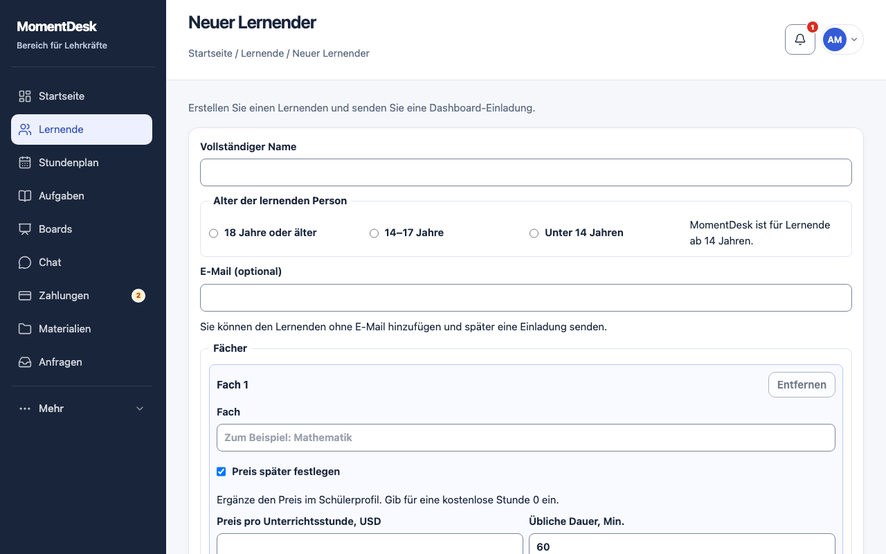Formular für neue Lernende in der MomentDesk-Oberfläche: Name, Altersgruppe, optionale E-Mail, Fach, Preis in USD und Unterrichtsdauer.