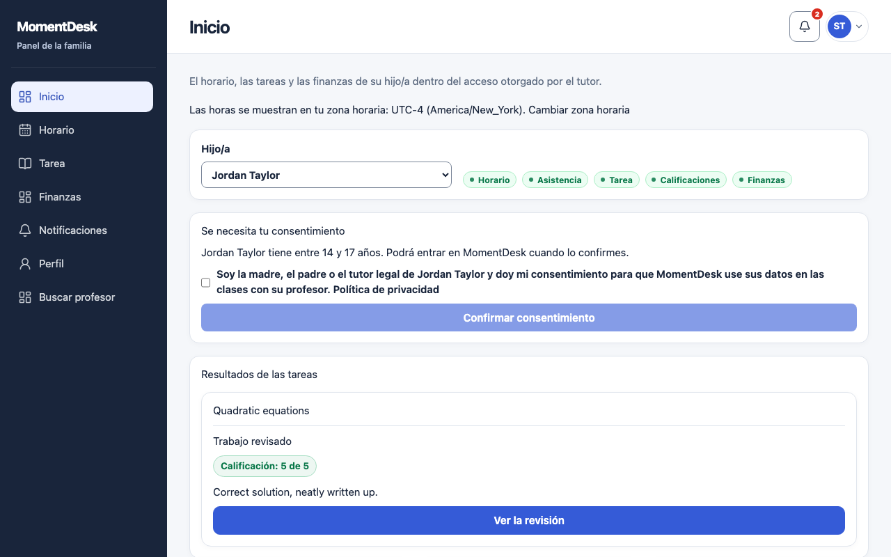 Confirmar o retirar el consentimiento de 14 a 17 años: Interfaz de MomentDesk con nombres y registros ficticios.