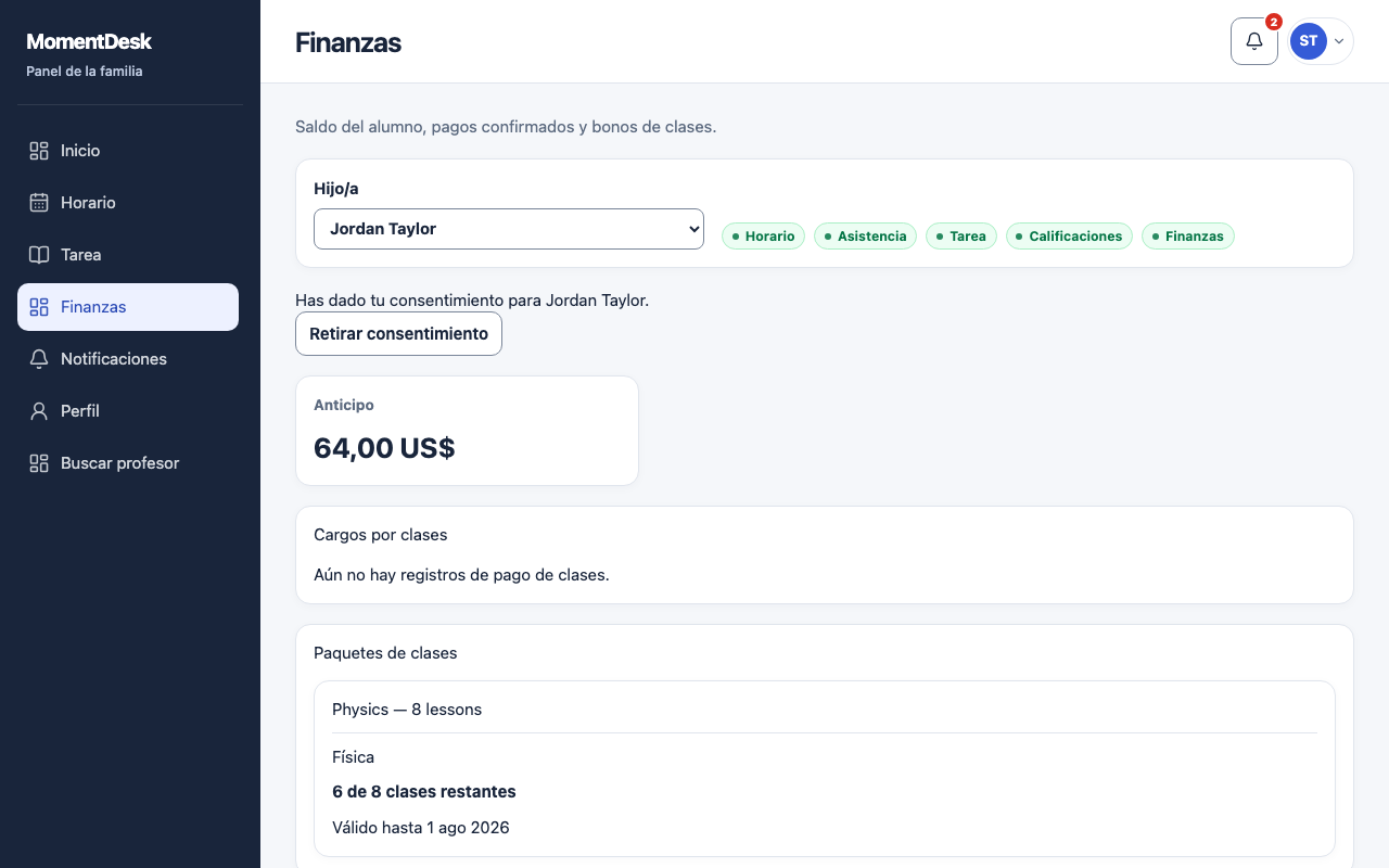 Consultar saldo y paquetes de clases: Interfaz de MomentDesk con nombres y registros ficticios.