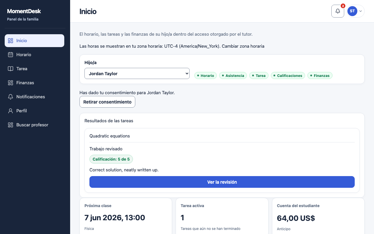 Usar el inicio de familiares: Interfaz de MomentDesk con nombres y registros ficticios.