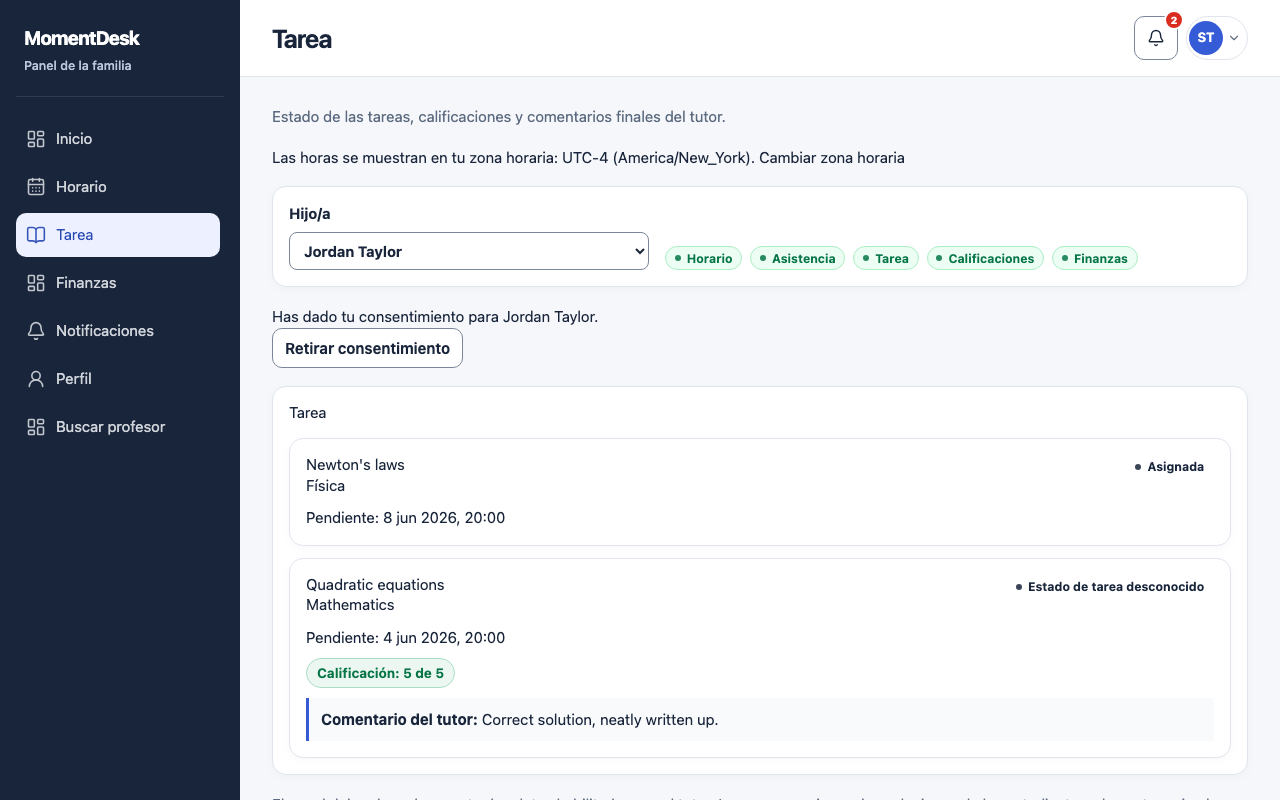 Consultar tareas y notas: Interfaz de MomentDesk con nombres y registros ficticios.