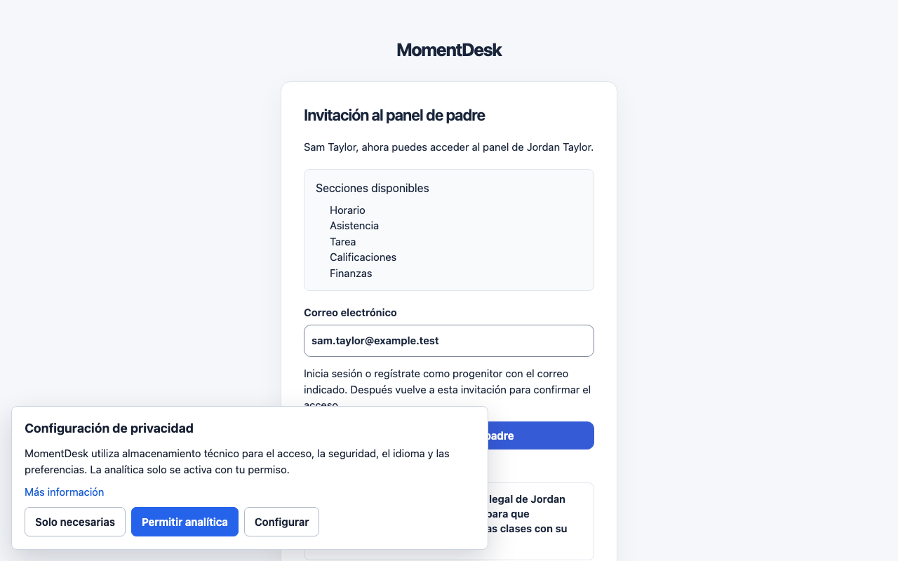 Aceptar la invitación y abrir tu espacio: Interfaz de MomentDesk con nombres y registros ficticios.