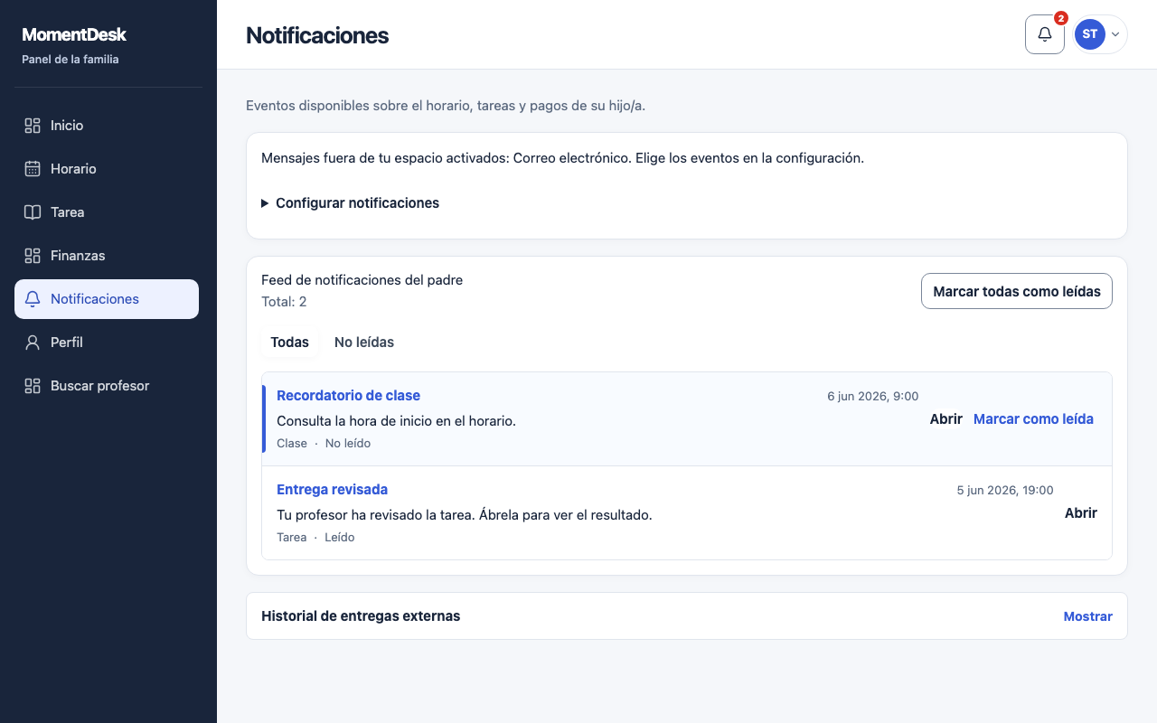 Elegir notificaciones familiares: Interfaz de MomentDesk con nombres y registros ficticios.