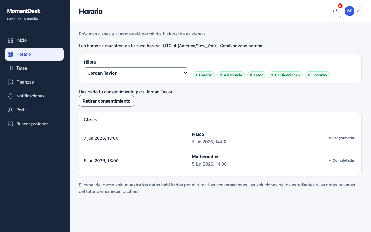 Consultar calendario y asistencia: Interfaz de MomentDesk con nombres y registros ficticios.