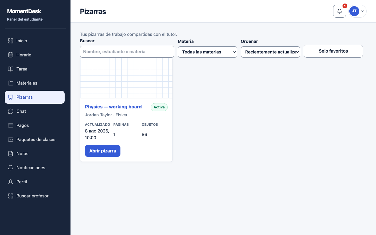 Trabajar en una pizarra compartida: Interfaz de MomentDesk con nombres y registros ficticios.