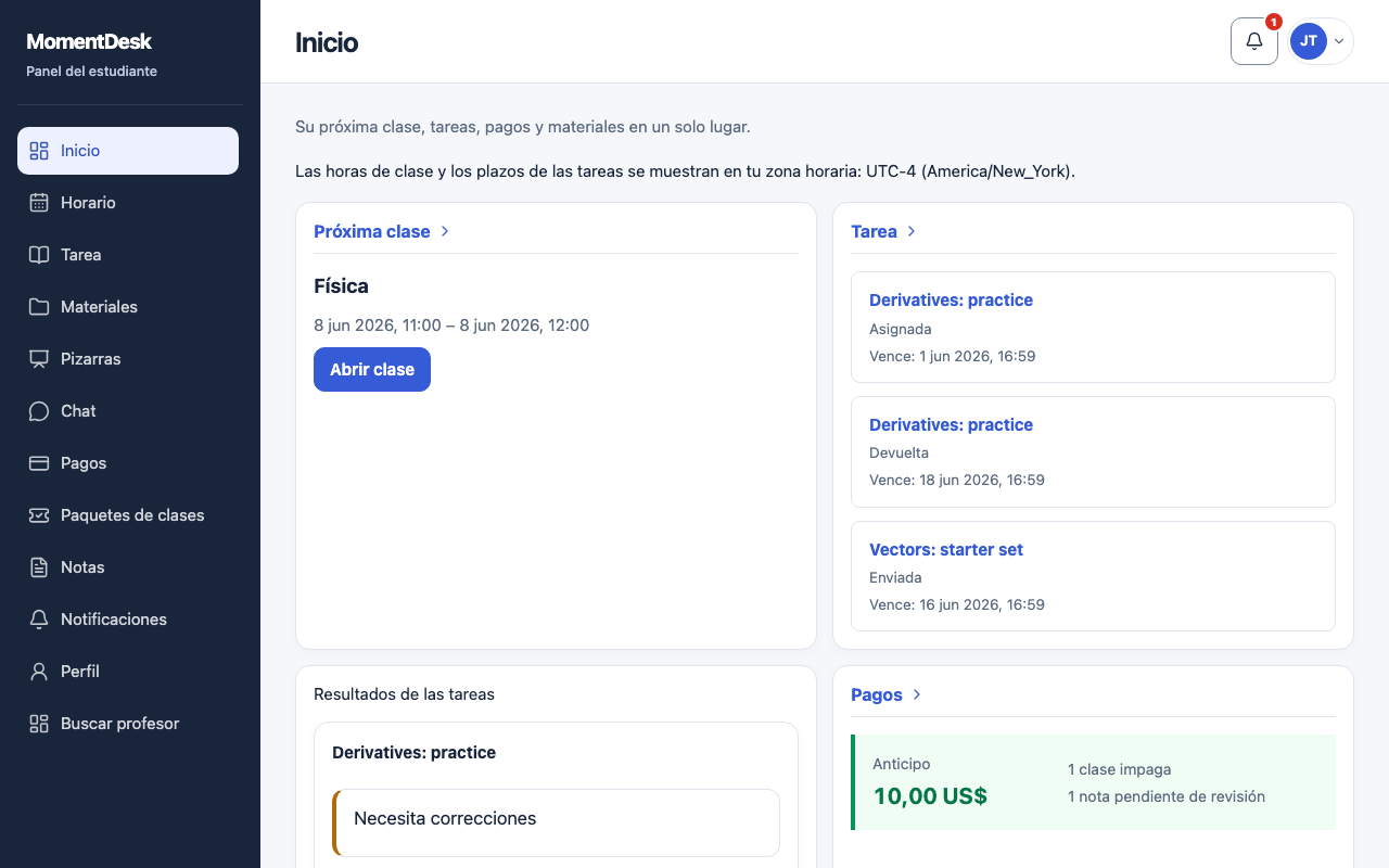 Usar tu página de inicio: Interfaz de MomentDesk con nombres y registros ficticios.