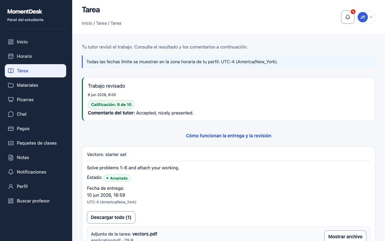 Tarea revisada de MomentDesk en la interfaz: bloque del resultado, nota y comentario del tutor.
