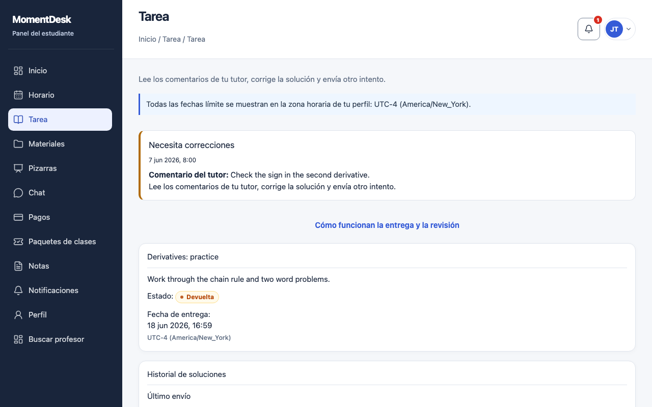 Tarea de MomentDesk devuelta para corregir en la interfaz: comentario del tutor y formulario de un nuevo intento.