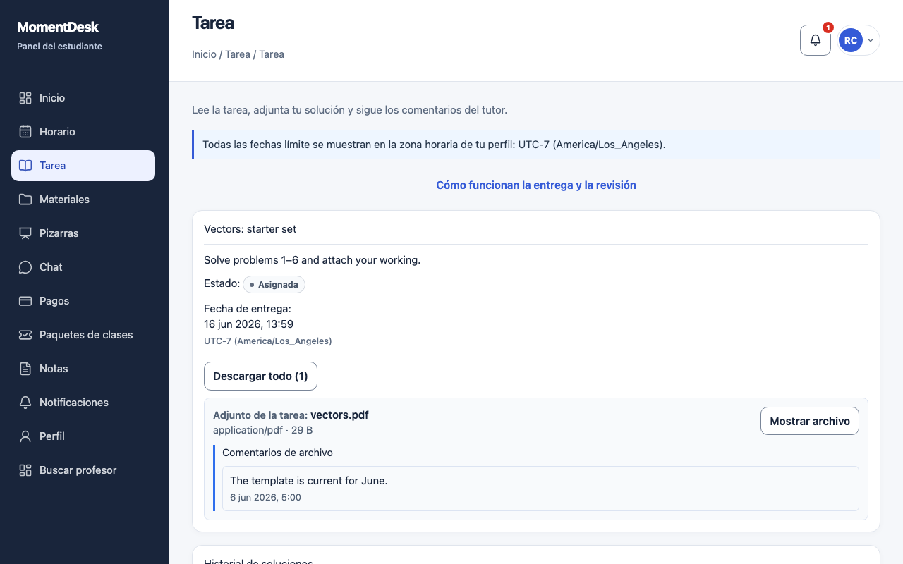 Tarea de MomentDesk antes de la primera entrega en la interfaz: instrucciones, fecha límite y formulario de respuesta con archivos.