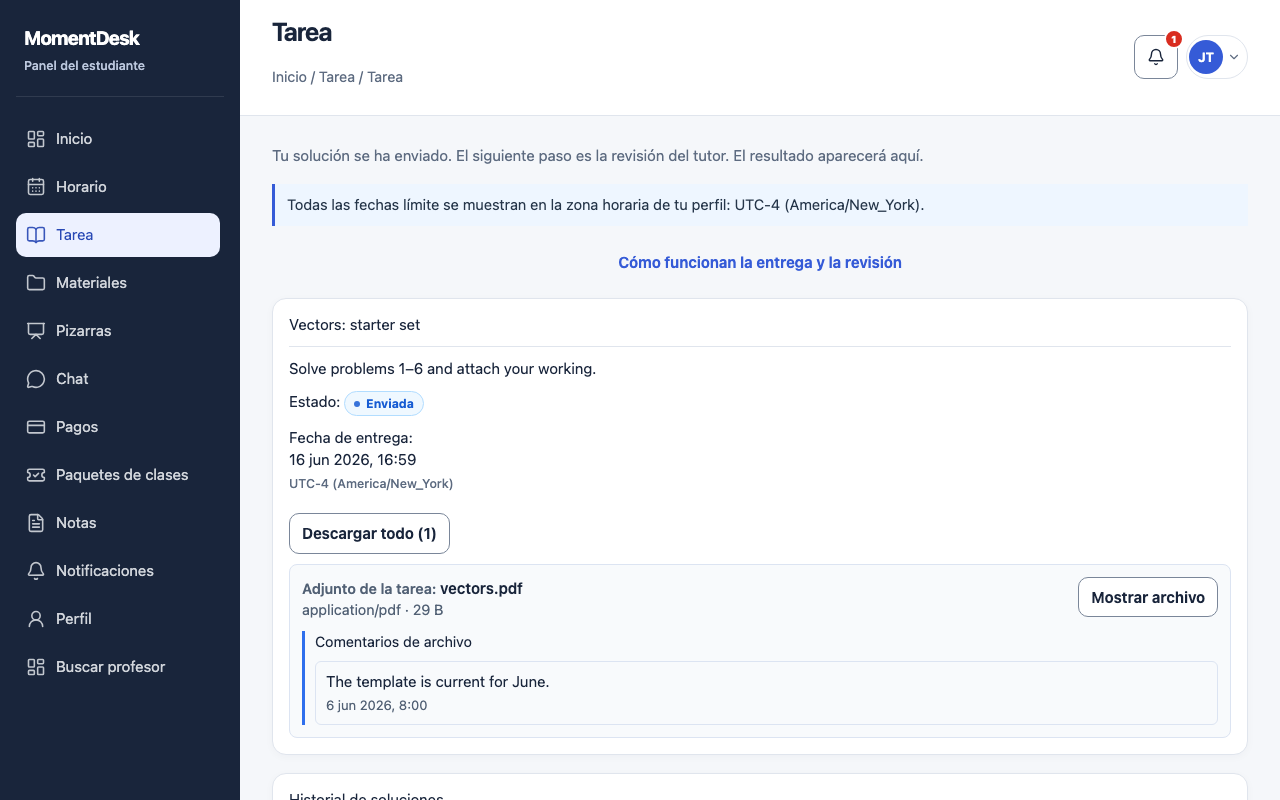 Tarea entregada de MomentDesk en la interfaz: historial de soluciones y formulario para ampliar la respuesta.