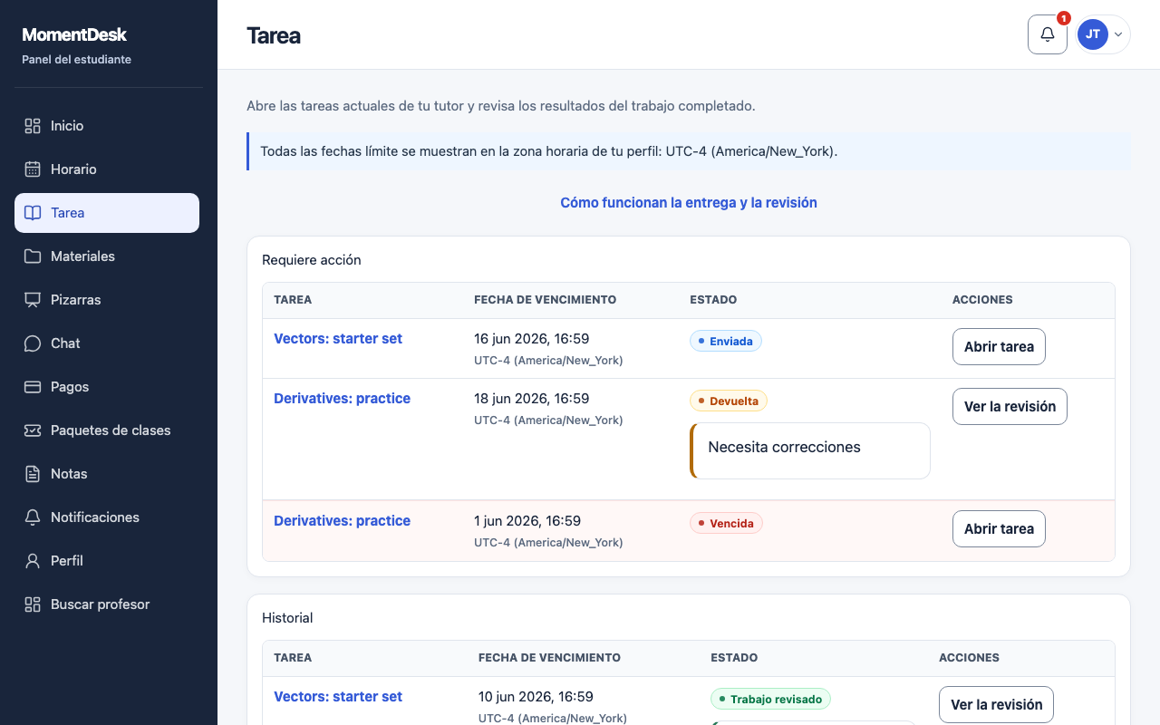 Encontrar tus tareas: Interfaz de MomentDesk con nombres y registros ficticios.