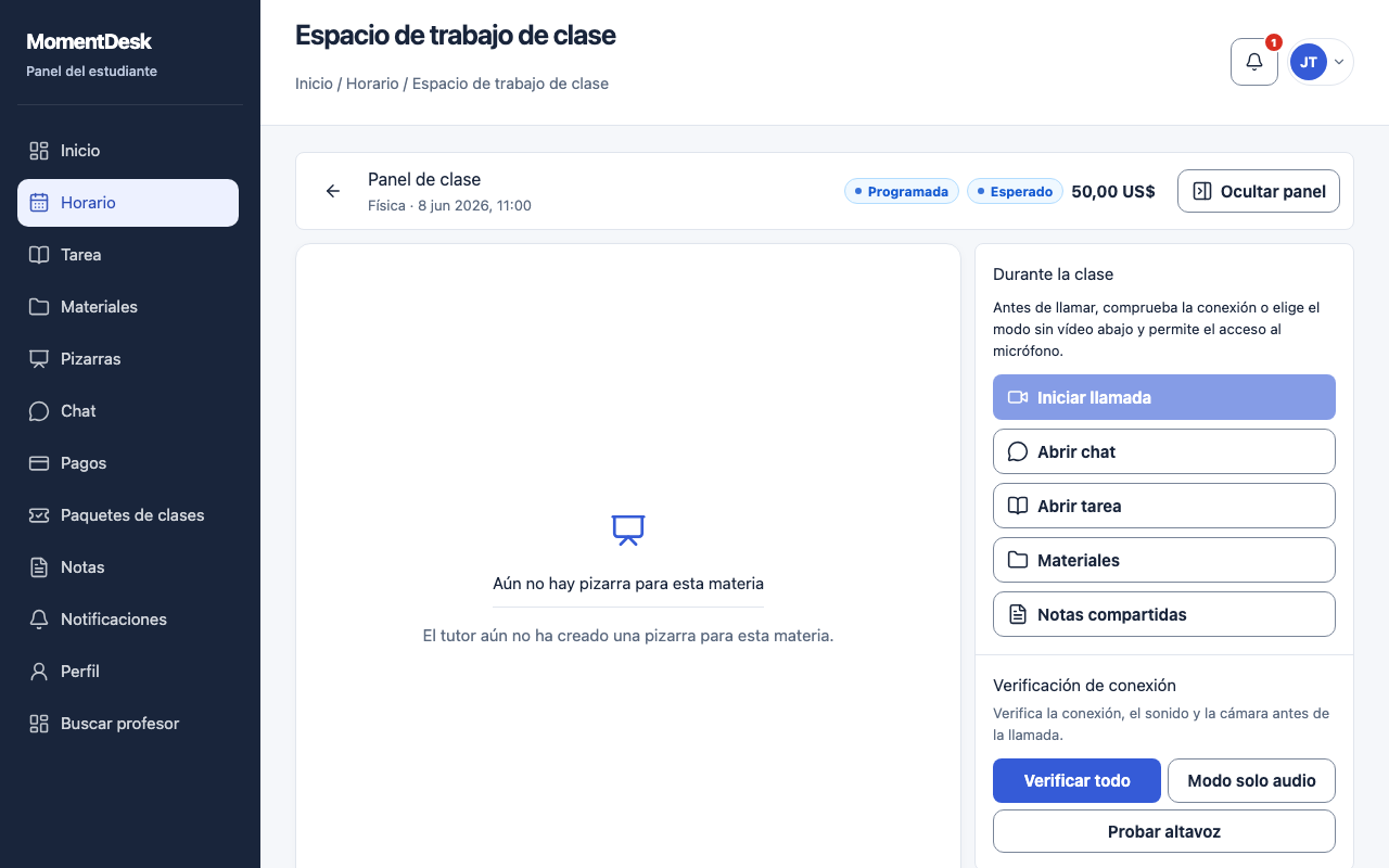 Abrir el espacio de la clase: Interfaz de MomentDesk con nombres y registros ficticios.