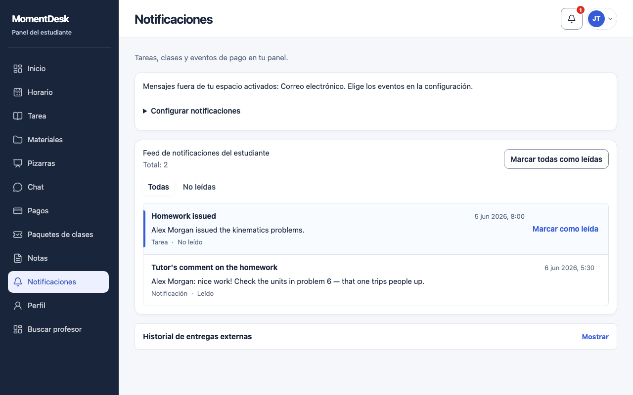 Leer y ajustar notificaciones: Interfaz de MomentDesk con nombres y registros ficticios.