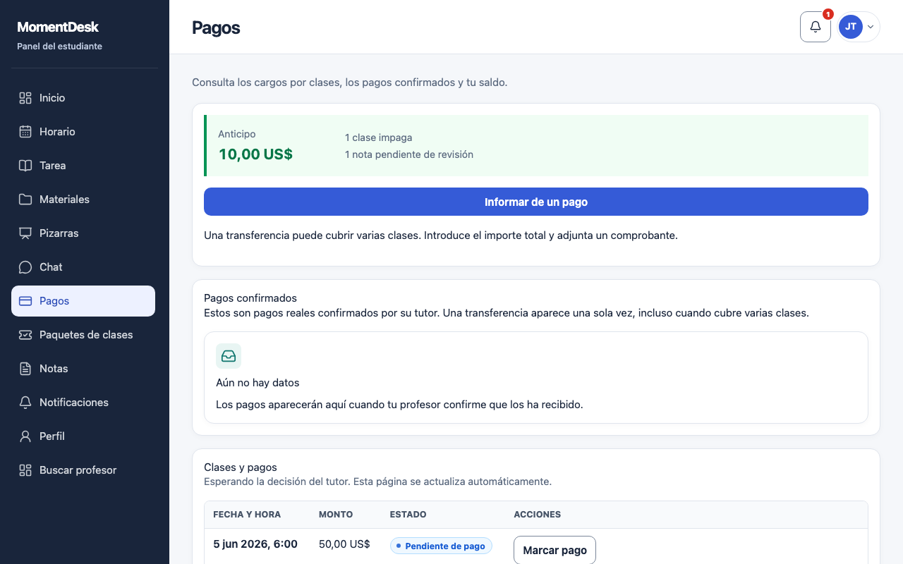 Informar de un pago realizado: Interfaz de MomentDesk con nombres y registros ficticios.