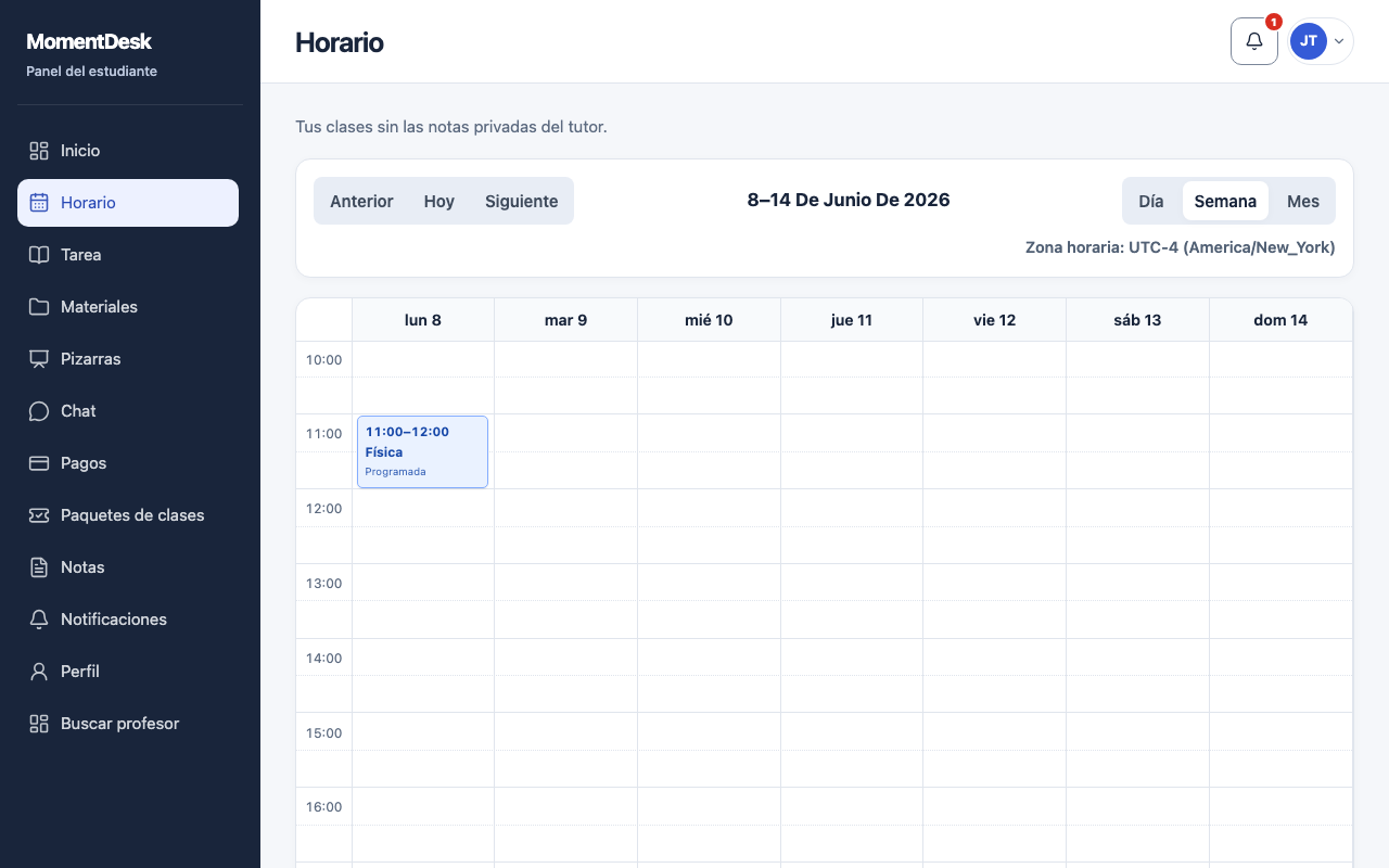 Ver tu calendario: Interfaz de MomentDesk con nombres y registros ficticios.