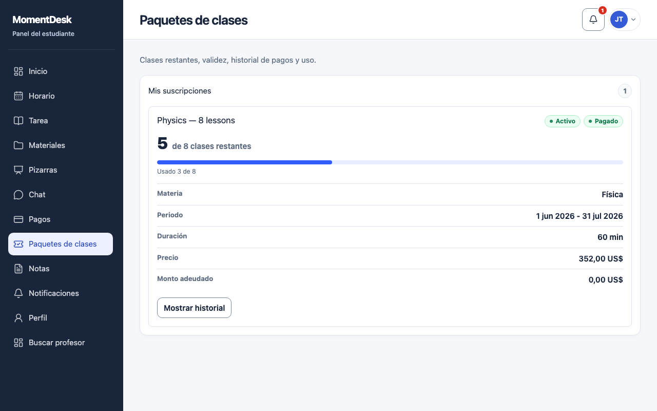 Consultar tu paquete de clases: Interfaz de MomentDesk con nombres y registros ficticios.