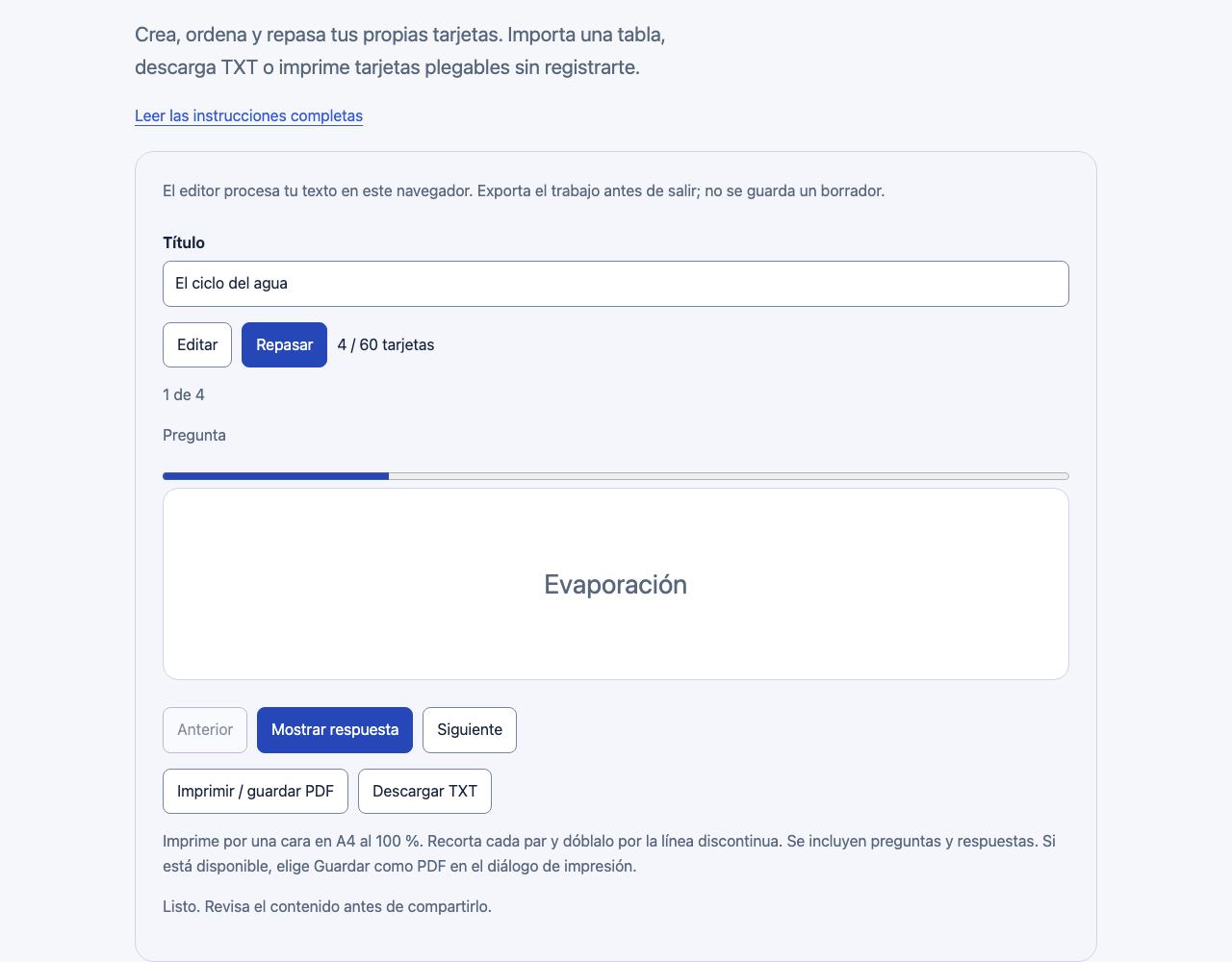 Creador gratuito de tarjetas de estudio — Cómo usar esta herramienta: Interfaz de MomentDesk con nombres y registros ficticios.