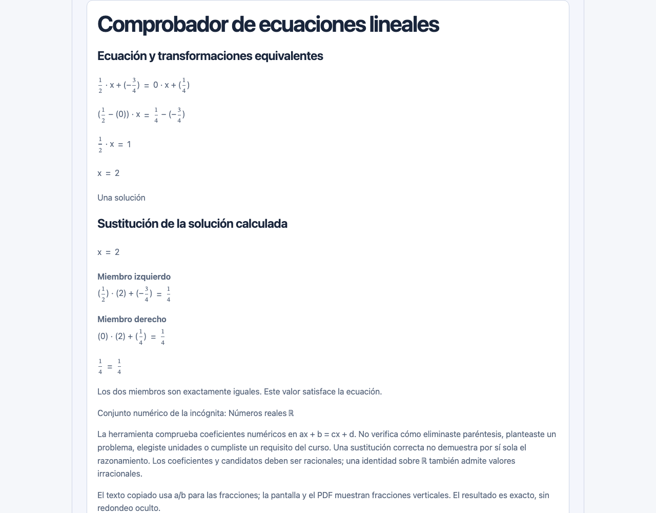 Cómo comprobar una ecuación lineal: Interfaz de MomentDesk con nombres y registros ficticios.