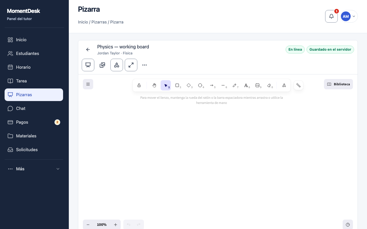 Trabajar juntos en una pizarra: Interfaz de MomentDesk con nombres y registros ficticios.