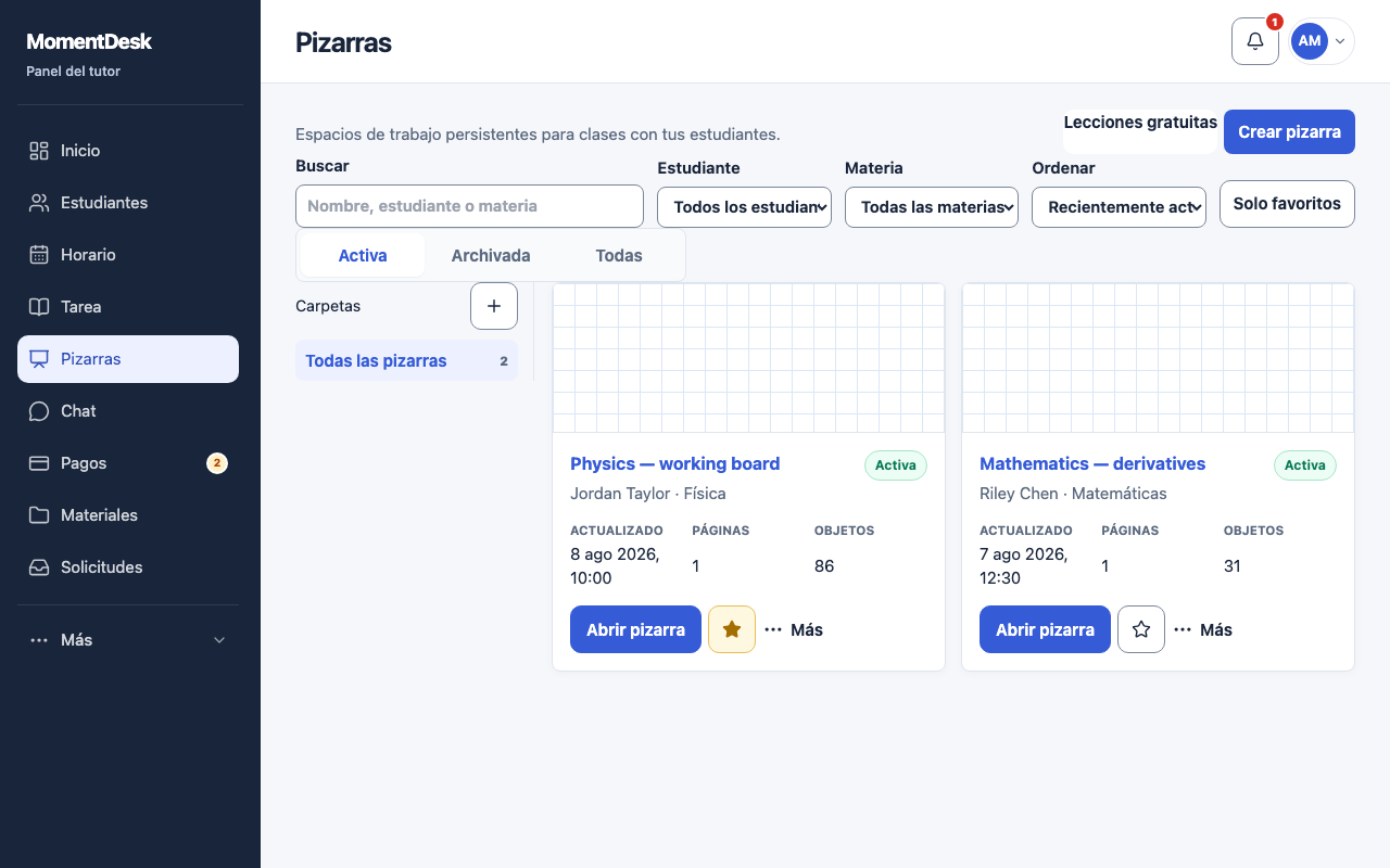 Crear una pizarra persistente: Interfaz de MomentDesk con nombres y registros ficticios.