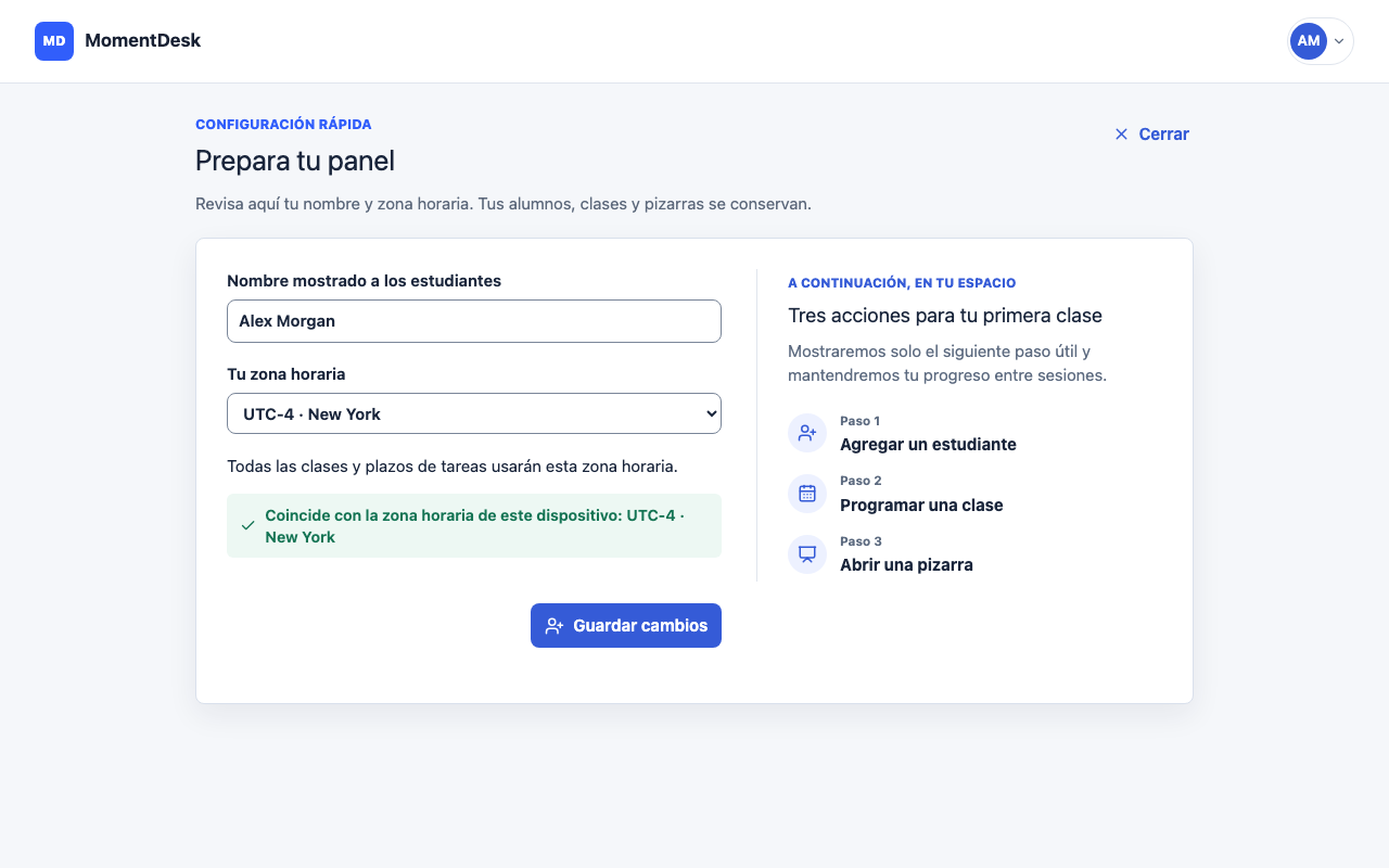 Configura tu espacio de profesor: Interfaz de MomentDesk con nombres y registros ficticios.