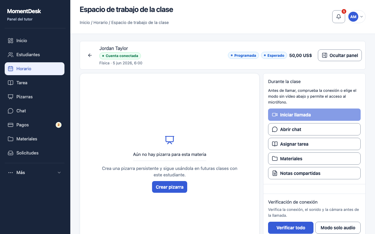 Impartir una clase en un solo espacio: Interfaz de MomentDesk con nombres y registros ficticios.