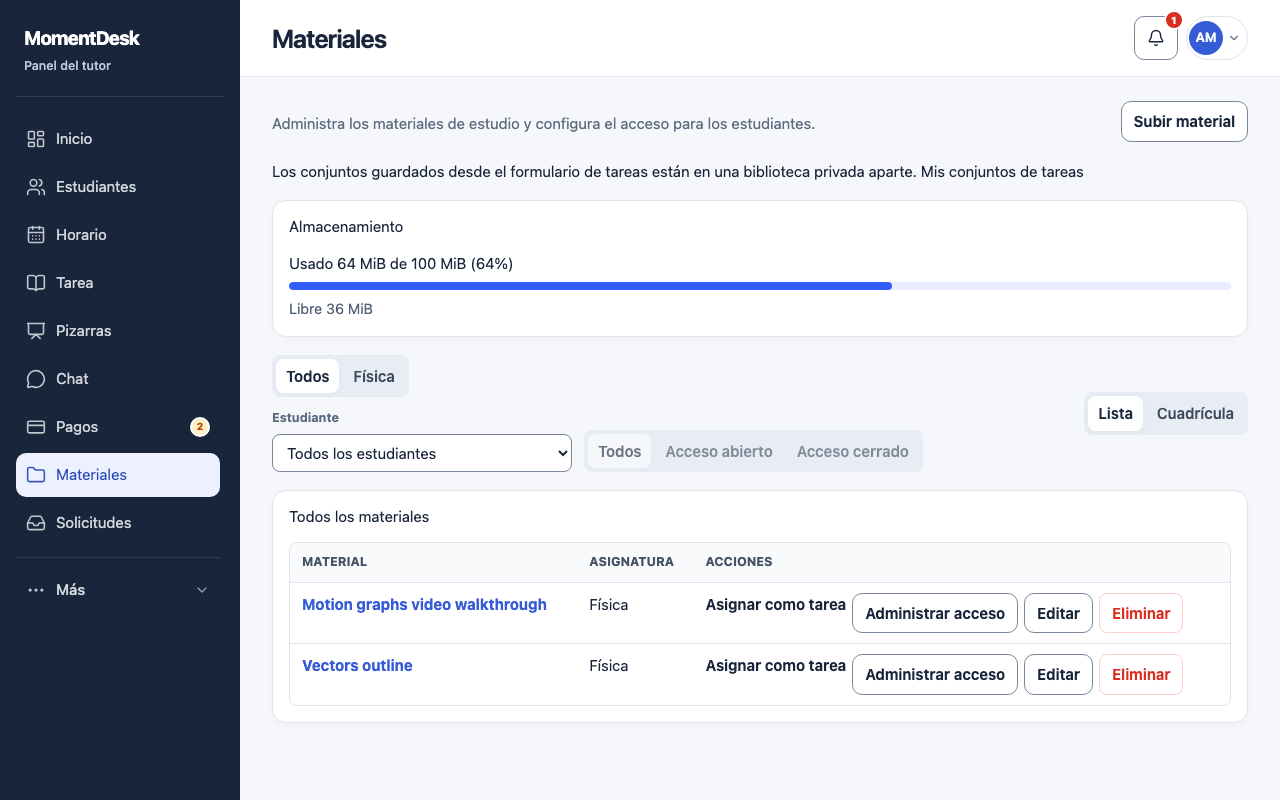 Subir y editar un material de estudio: Interfaz de MomentDesk con nombres y registros ficticios.