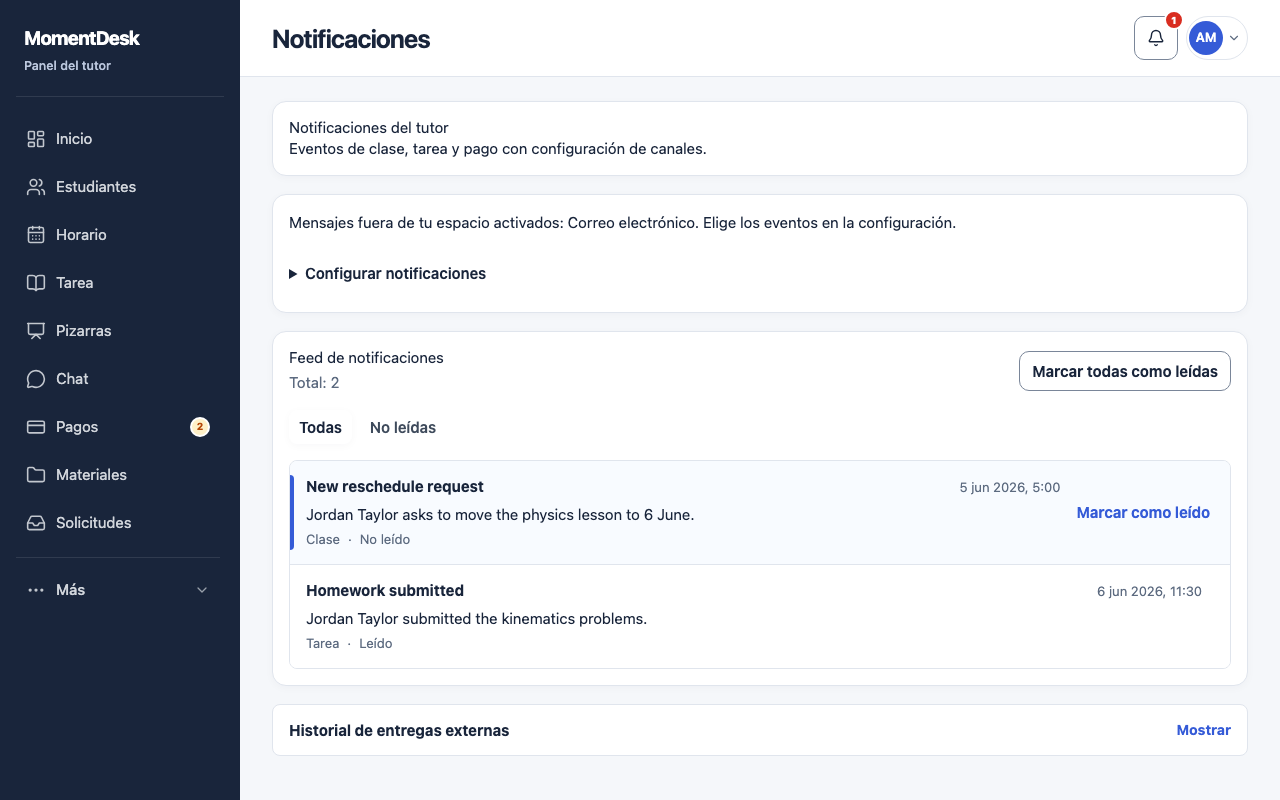 Usar el centro de notificaciones: Interfaz de MomentDesk con nombres y registros ficticios.