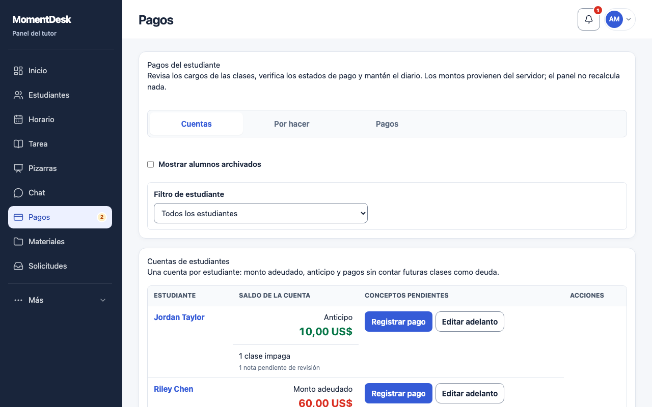 Registrar un pago y ajustar un anticipo: Interfaz de MomentDesk con nombres y registros ficticios.