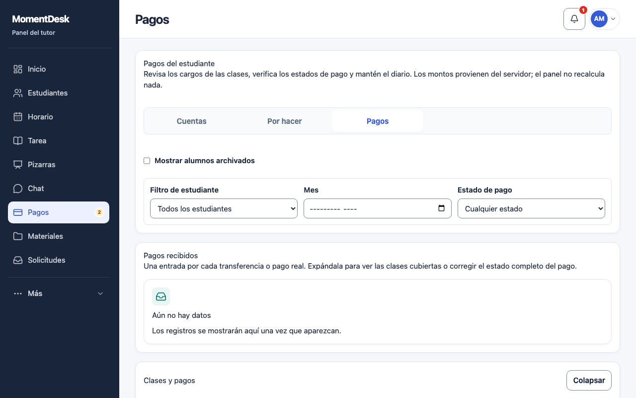 Leer el diario financiero del alumno: Interfaz de MomentDesk con nombres y registros ficticios.